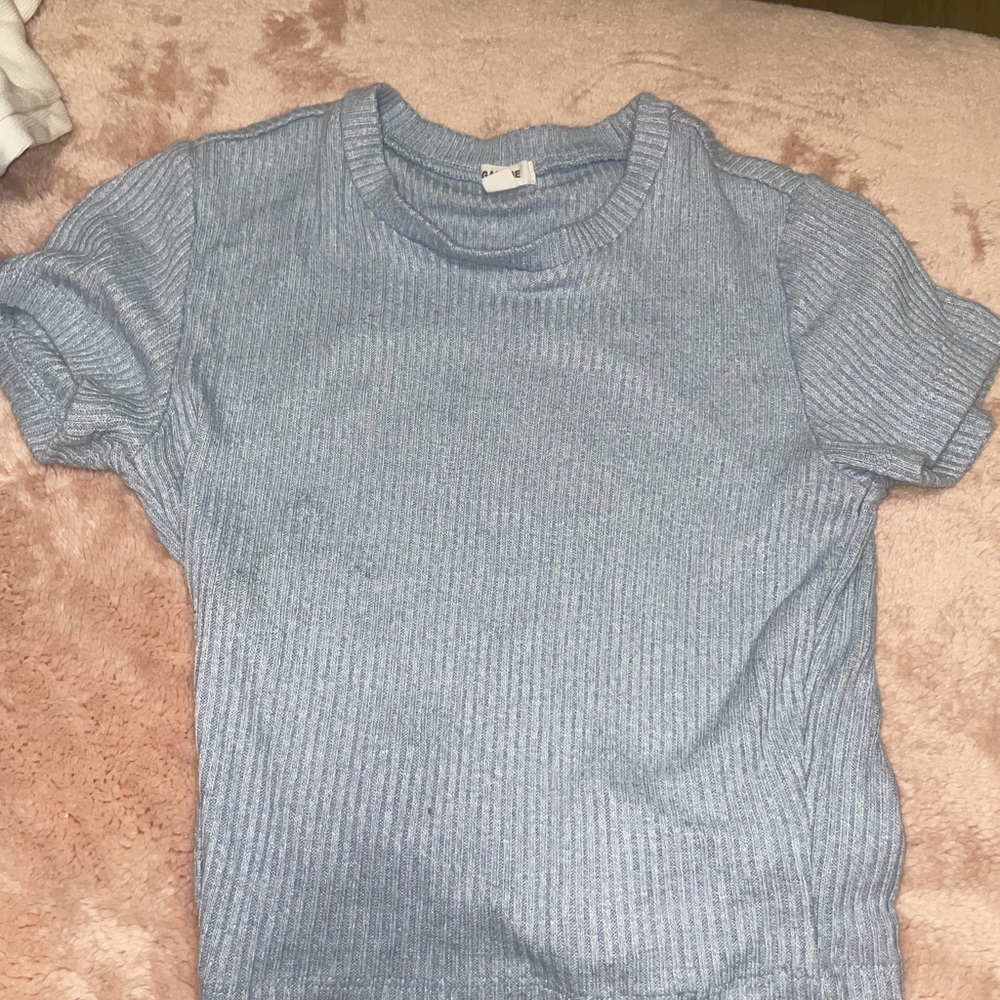 Garage Blue Ribbed Fitted Crop T-Shirt